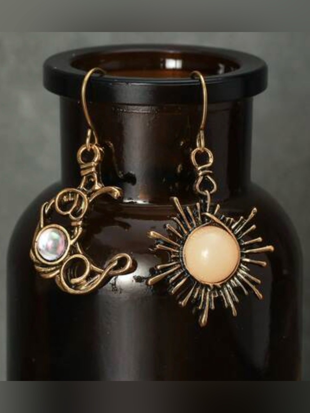 Sunburst and Crescent Moon Goldtone Drop Earrings with Cream and Iridescent